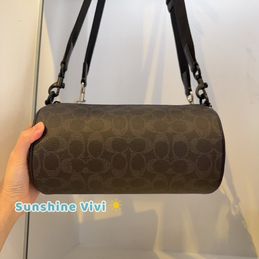 NWT Coach Andre Barrel Bag 24 Signature Canvas Matte Black/Black Signature CET75